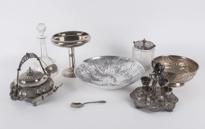 Decanter, biscuit barrel, comport, fruit bowls, egg cruet and muffin dish, 19th and 20th century, the decanter 28.5cm high