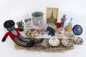 Collection of assorted porcelain dishes, jardiniere, vases, doll, plaque, Bunnykins china, silk scarf etc, 19th and 20th century, the jardiniere 17cm high