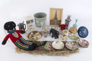 Collection of assorted porcelain dishes, jardiniere, vases, doll, plaque, Bunnykins china, silk scarf etc, 19th and 20th century, the jardiniere 17cm high