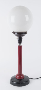 An Art Deco table lamp, bakelite and anodized metal with milk glass shade, circa 1930, 60cm high