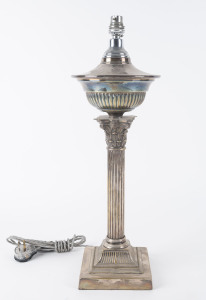 An antique silver plated oil lamp, converted for electricity, circa 1900, 54cm high