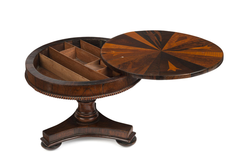 A Regency miniature table workbox with sample wood top, circa 1820, ​21cm high, 26cm diameter