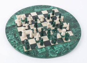 A circular chess board, malachite, bone and brass, 30cm diameter