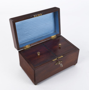 An antique tea caddy, mahogany and brass bun feet and escutcheon, 19th century, ​11.5cm high, 20cm wide, 11.5cm deep