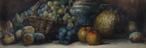 ARTHUR DUDLEY (working 1890 to 1907), still life with basket and fruit, watercolour, signed lower right "A. Dudley, '96", ​27 x 77cm