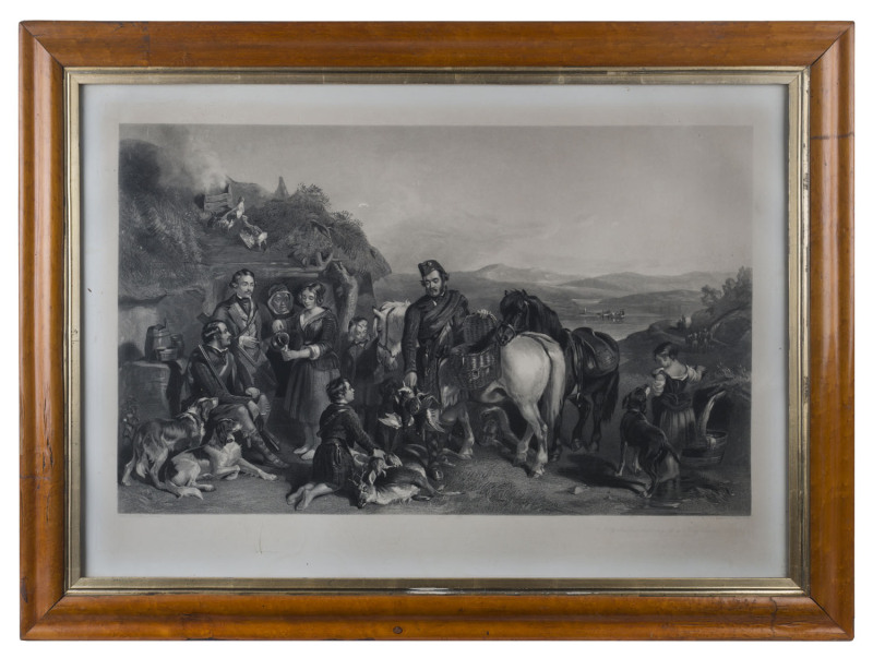 FREDERICK TAYLER (19th century, British), Sportsmen halting at a Highland Bothy, engraving, birdseye maple frame with gilt slip and glazing, 65 x 93.5cm, frame 82 x 111cm overall