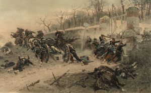 ARTIST UNKNOWN (19th century, European), a pair of battle scenes, coloured lithographs, 46 x 71cm, (2 items)