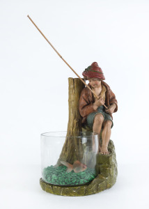 A Continental chalk ware fishing boy statue with glass fishbowl, circa 1900, 46cm high