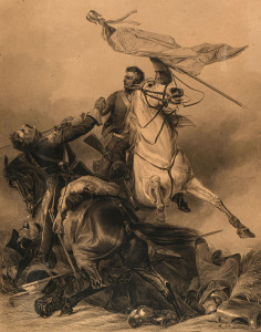 RICHARD ANSDELL RA (1815-1885, British), Fight For The Standard, engraving, titled and captioned in the lower margin, in original birdseye maple frame with gilt slip and glazing, ​94.5 x 85.5cm, frame 105 x 87cm overall