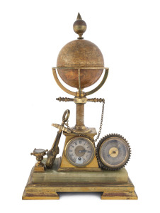 French Industrial maritime clock with rotating globe, barometer and compass, gilt metal and onyx, circa 1880, ​41cm high