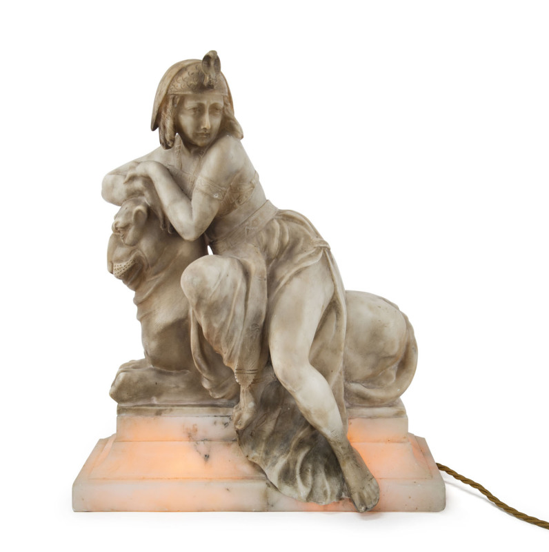 Cleopatra lamp, carved alabaster, Italian, early 20th century, 45cm high