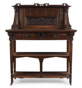 An English Arts and Crafts dumbwaiter, oak with beaten copper and brass handles, circa 1900, ​166cm high, 138cm wide, 60cm deep