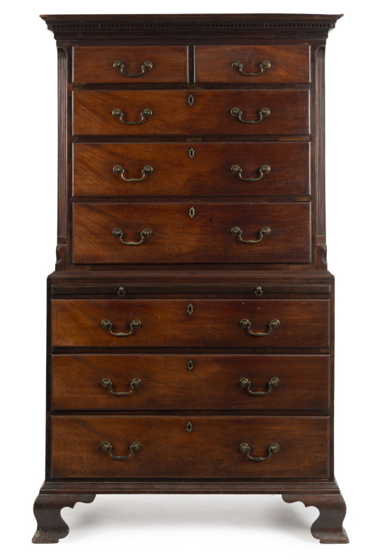 A Chippendale gentleman's chest on chest, mahogany with brass handles, late 18th century, ​186cm high,109cm wide, 56cm deep