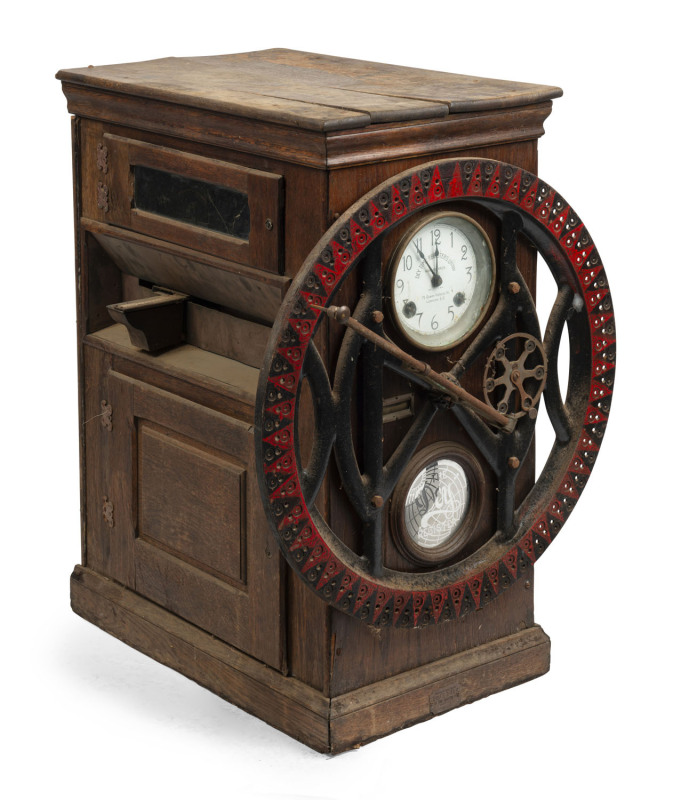 HOWARD BROTHERS "Dey Time Registers Limited" industrial time clock, iron and oak, 19th century, 90cm high, 68cm wide, 70cm deep