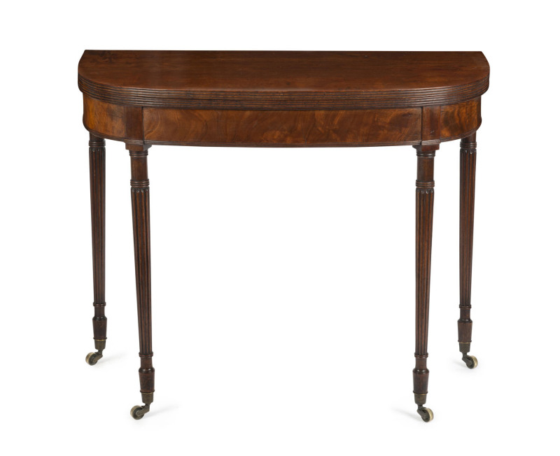 A Georgian fold-over tea table, flame mahogany, early 19th century, 74cm high, 91cm wide, 46cm deep