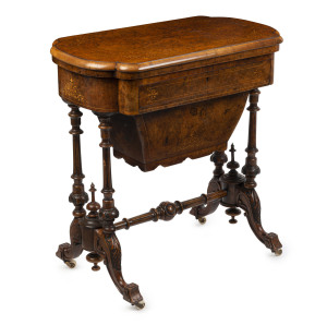 A Victorian sewing table with fold-over games top, inlaid burr walnut, circa 1880, 75cm high, 72cm wide, 42cm deep