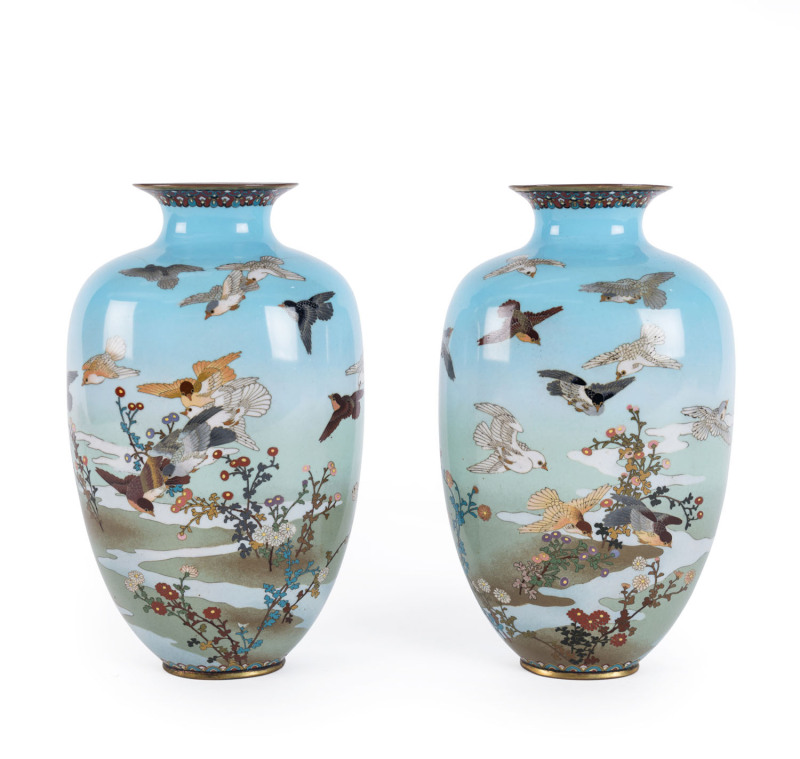 A pair of Chinese cloisonne vases with bird decoration, Republic period, ​25cm high