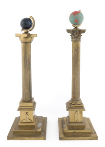 A pair of Masonic miniature globes and brass candlestick stands, 19th century, 40cm and 44cm high