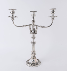 A fine English Sheffield plate 3 branch candelabra, early 19th century, 53cm high
