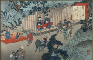 Two Japanese woodblock prints, Meiji period, 21.5 x 33cm
