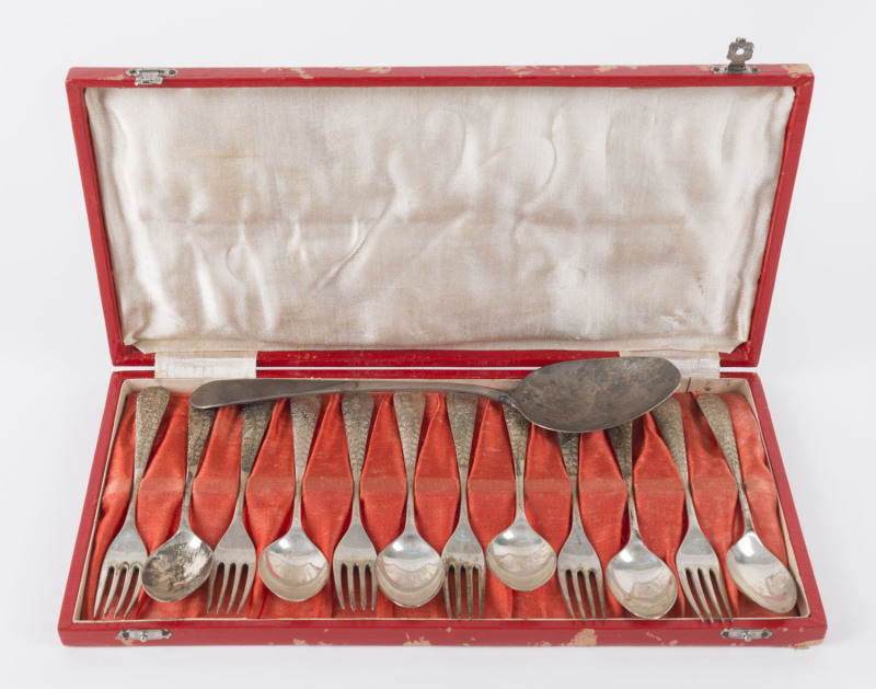 A set of silver teaspoons and cocktail forks in original box; together with an antique sterling silver spoon, (13 items), 380 grams total