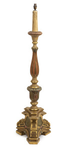 A Florentine standard lamp, carved, painted and gilded wood, circa 1930, 135cm high