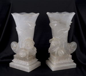 A pair of cornucopia mantel vases, carved alabaster, 19th century, 30cm high