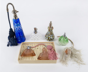 Four assorted vintage and antique perfume atomizers and a perfume set in box, (5 items), the tallest 28cm high
