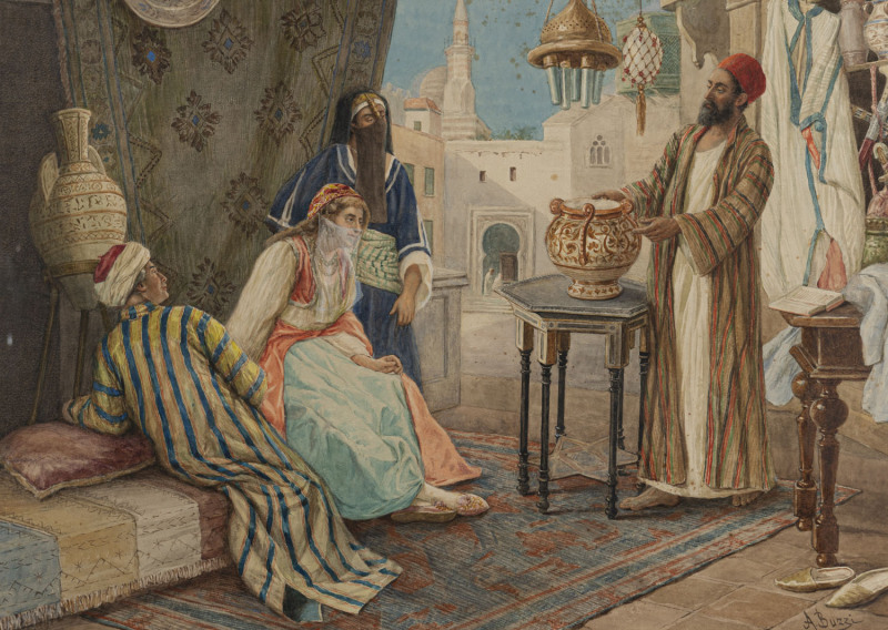 ARTURO BUZZI (19th century, Italian), the salesman, orientalist scene, watercolour, signed lower right, "A. Buzzi", 50 x 72cm