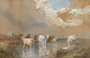 EDWARD HARGITT (1835-1895), cattle in landscape, gouache on brown paper, signed lower right "Ed Hargitt, 1872", ​33 x 50cm