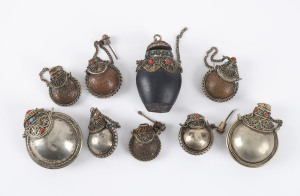 Nine assorted Sino-Tibetan scent bottles, coin silver, copper, coral and turquoise, 19/20th century, the largest 6.5cm high
