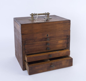 Watch maker's workbox, drawers fitted with various compartments, 19th century, 33cm high, 30.5cm wide, 23cm deep
