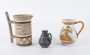 Two retro Italian pottery jugs and a small German pottery jug, circa 1950s, the tallest 20.5cm high