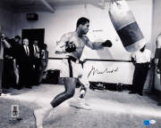 MUHAMMAD ALI, signed photograph of Muhammad Ali with punching bag, size 51x40cm. With 'Online Authentics' No.OA-8090275.