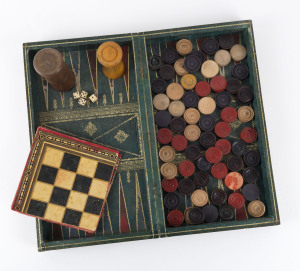 Games box in the form of an embossed leather two volume book "The History Of England", 19th century, chess board and backgammon with bone dice and assorted turned wooden pieces, ​37.5cm high