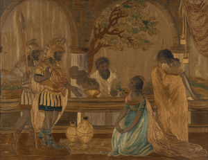 A Georgian silk embroidery in a birdseye maple frame with gilt slip and glazing, early 19th century, 50 x 61cm overall