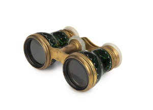 A pair of French opera glasses, finely enamelled in emerald green and mounted in mother of pearl on gilt metal, circa 1860, ​10.5cm across