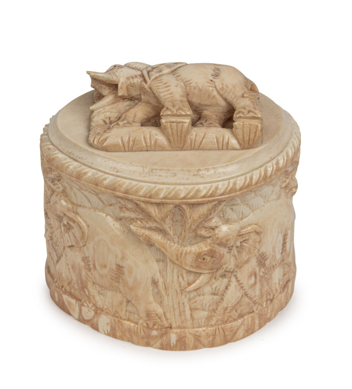 An Indian ivory jewellery box, carved with elephants and palms, 19th century, ​9cm high, 10cm wide, 8.5cm deep