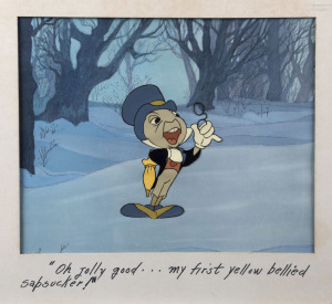 WALT DISNEY: Original hand-painted production cell of Jiminy Cricket with official "Walt Disney Production" label on reverse. The cell is approx. 22 x 27cm. (Written on the mount below: "Oh jolly good....my first yellow bellied sapsucker!")