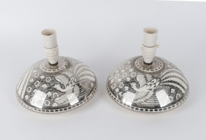 A pair of English Art Deco porcelain table lamps with lustre glazed phoenix decoration, circa 1930, stamped with galleon mark "Gray'd Pottery, Made In England, Stoke On Trent, Hand-Painted", 20cm high, 23cm diameter