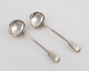 A pair of English sterling silver sauce ladles, fiddle and thread design made by George Adams, London, circa 1841, 18.5cm high, 151 grams