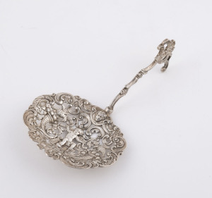 A pierced silver serving spoon with pseudo Hanau marks, 19th century, 16.5cm high, 57 grams
