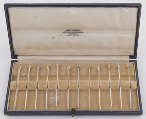A set of 12 sterling silver oyster picks in original plush fitted case, made by Hardy Bros. for Hardy Bros. Australia, Birmingham, circa 1930, ​the case 19.5cm wide
