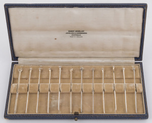 A set of 12 sterling silver oyster picks in original plush fitted case, made by Hardy Bros. for Hardy Bros. Australia, Birmingham, circa 1930, the case 19.5cm wide
