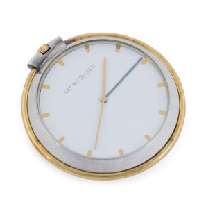 GEORG JENSEN Danish sterling silver fob watch alarm travel clock with parcel gilt folding stand, 20th century, stamped "Georg Jensen, No. 072, Swiss Made, Denmark, Sterling, 925 s Design 355, Lene Munthe", in original box, 5.5cm high