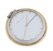 GEORG JENSEN Danish sterling silver fob watch alarm travel clock with parcel gilt folding stand, 20th century, stamped "Georg Jensen, No. 072, Swiss Made, Denmark, Sterling, 925 s Design 355, Lene Munthe", in original box, ​5.5cm high