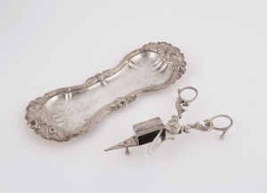 An English silver plated candle snuffer and tray, 19th century, the tray 25.5cm wide