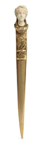 EUGÈNE BERNOUD (1850-1921), finely crafted paper knife, gilt bronze and carved ivory, late 19th century, signed "E.D. Bernoud", 27cm high