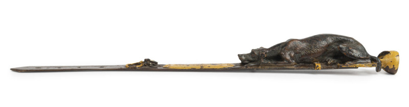 JULES MOIGNIEZ (1835-1894), French bronze paper knife in the form of a dog watching a fly on a belt, late 19th century, signed "J. Moigniez", ​26.5cm long