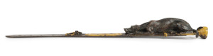 JULES MOIGNIEZ (1835-1894), French bronze paper knife in the form of a dog watching a fly on a belt, late 19th century, signed "J. Moigniez", 26.5cm long